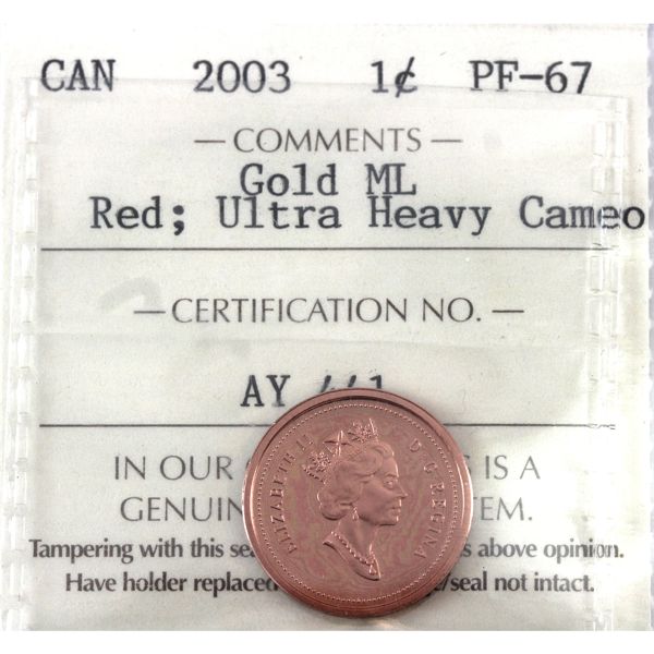 1-cent 2003 Gold Colour Maple Leaf ICCS PF67 Red; UHC
