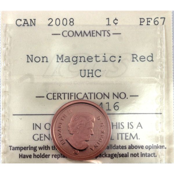 1-cent 2008 Non Magnetic ICCS PF67 Red; UHC