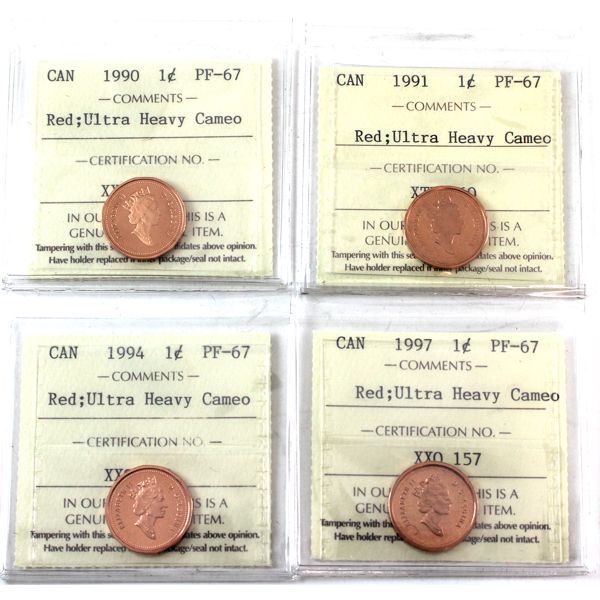 1-cent 1990, 1991, 1994 & 1997 All ICCS Certified PF67 Red; UHC. 4pcs. 