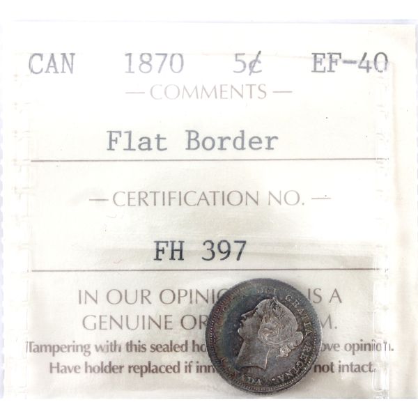 5-cent 1870 Flat Border; Wide Rim ICCS EF40 