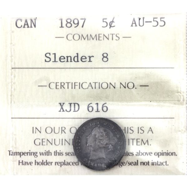 5-cent 1897 Slender 8 ICCS AU55 