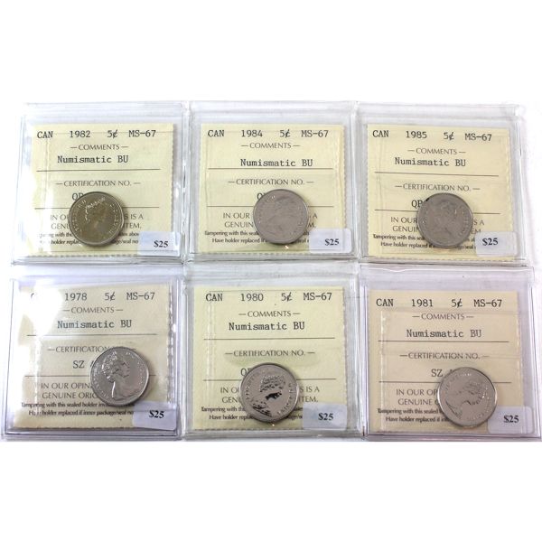 5-cent 1978, 1980, 1981, 1982, 1984 & 1985. All ICCS Certified MS67 NBU. 6pcs. 