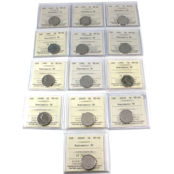 5-cent 1978-2004 ICCS MS66 NBU. 13pcs. 