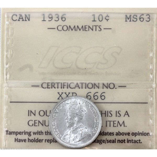 10-cent 1936 ICCS MS63 
