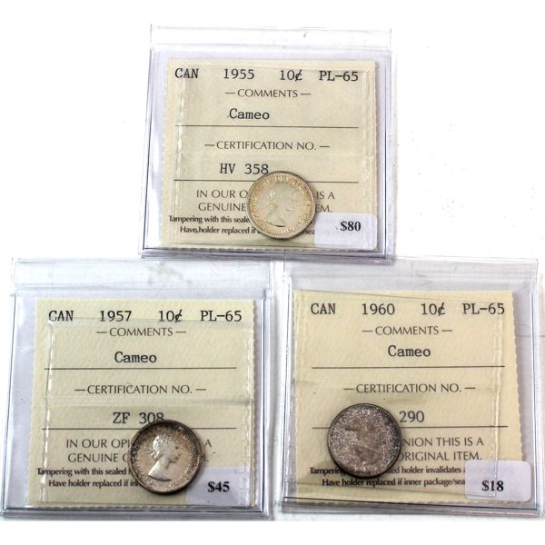 10-cent 1955, 1957 & 1960 ICCS PL65 Cameo. 3pcs. 