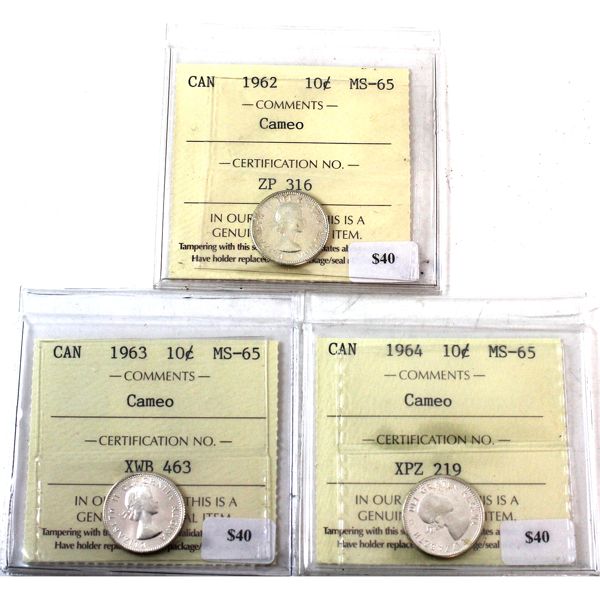 10-cent 1962, 1963 & 1964 ICCS MS65 Cameo. 3pcs. 