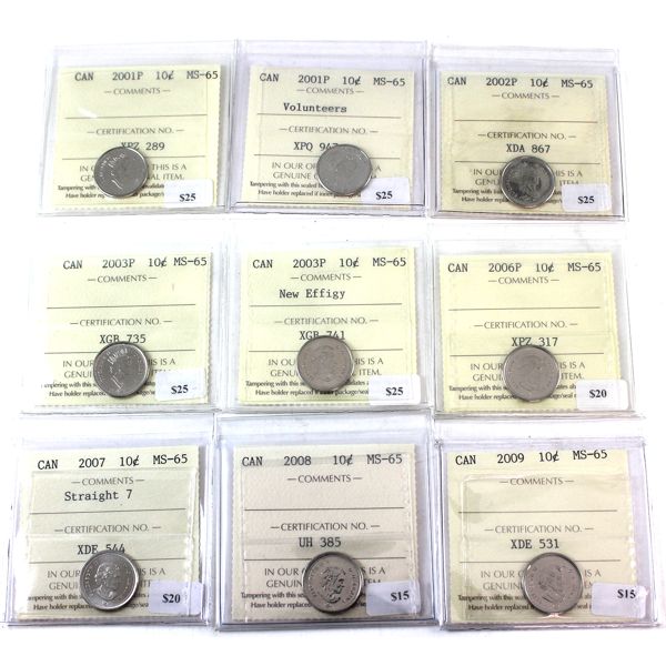 10-cent 2001-2009 ICCS MS65. 9pcs. 