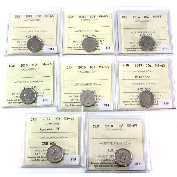 10-cent 2011-2018 ICCS MS65. 8pcs. 