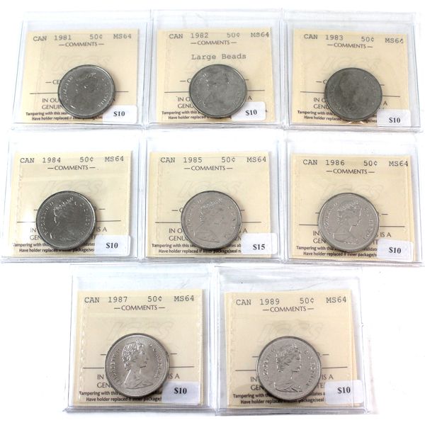 50-cent 1981, 1982 Large Beads, 1983, 1984, 1985, 1986, 1987 & 1989 ICCS MS64. 8pcs. 