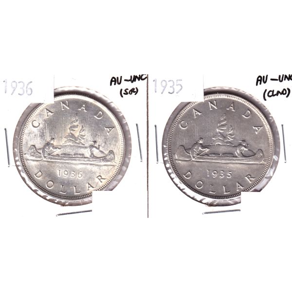 Silver $1 1935 (Cleaned) & 1936 (Scratched) AU-UNC. 2pcs. 
