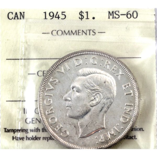 Silver $1 1945 ICCS MS60 
