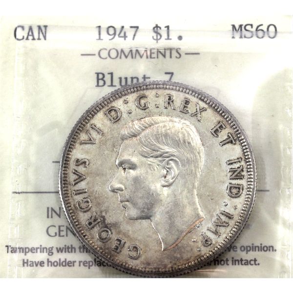 Silver $1 1947 Blunt 7 ICCS MS60