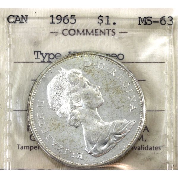 Silver $1 1965 Type V ICCS MS63 Cameo