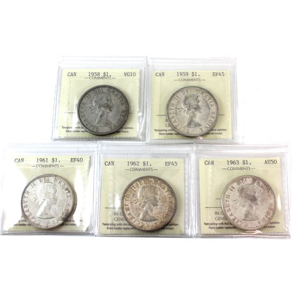 Silver $1 1958-1963 ICCS VG10 to AU50. 5pcs