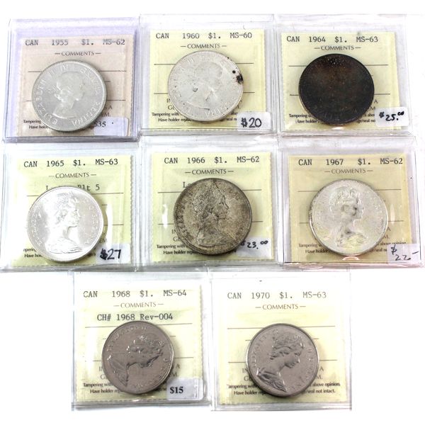 Silver & Nickel $1 1955-1970 ICCS MS60 to MS64. 8pcs