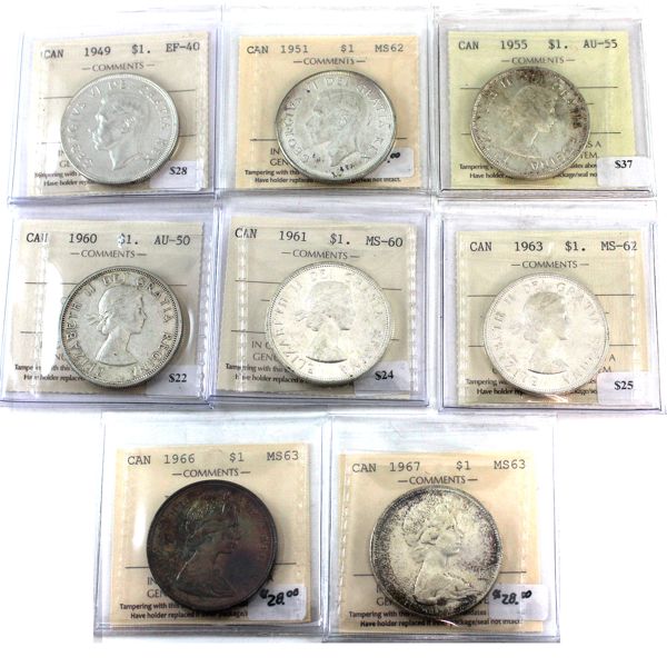 Silver $1 1949-1967 ICCS EF40 to MS63. 8pcs. 