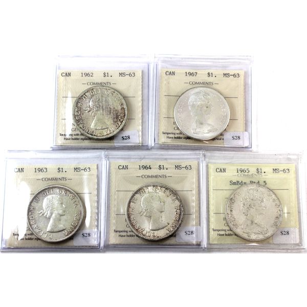 Silver $1 1962, 1963, 1964, 1965 SmBds Ptd 5 & 1967; ICCS MS63. 5pcs. 