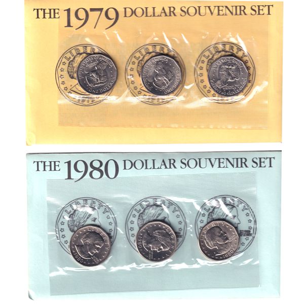 USA 1979 & 1980 Susan B. Anthony Dollar 3 Coin Souvenir Set in Original Envelopes from the US Mint.