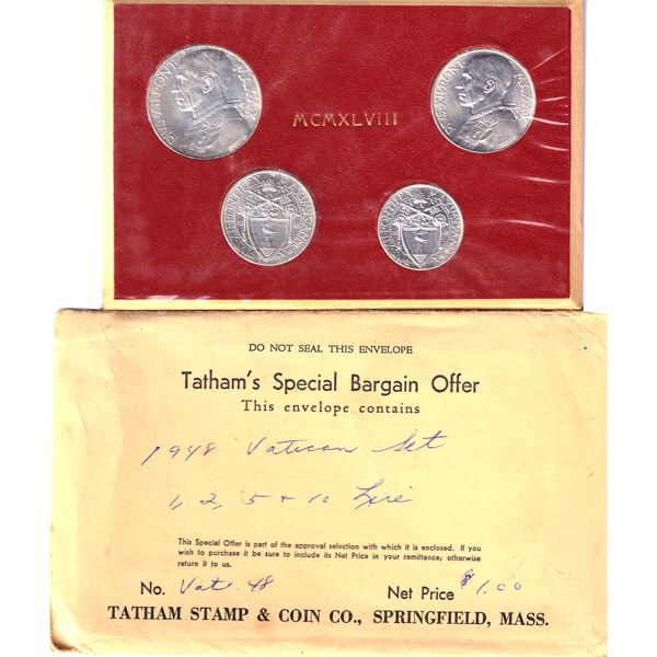 Vatican 1948 4-Piece Set. Includes 1, 2, 5 & 10 Lire in Cardboard Holder.