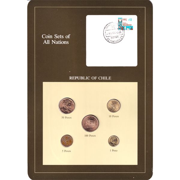 Republic Of Chile 1980's- Coin Sets Of All Nations w/ Postal-Cancelled Stamp
