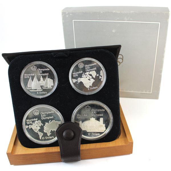 1973 Olympic Commemorative 4-Piece .925 Silver Proof Set in Wooden and Leather Display Case 
