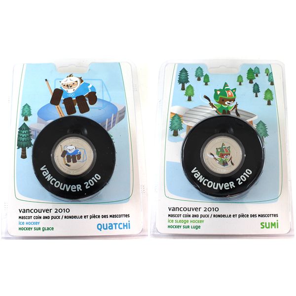 2010 50-cent Vancouver Olympic Mascot Coin and Puck- Sumi & Quatchi. 2pcs.