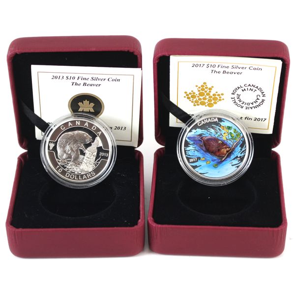 2013 & 2017 $10 The Beaver Fine Silver Coins. 2pcs. 