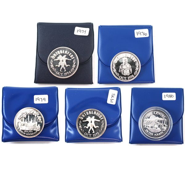 1974-1980 Kitchener-Waterloo Oktoberfest .999 Fine Silver Dollars. 5pcs. (Tax Exempt)
