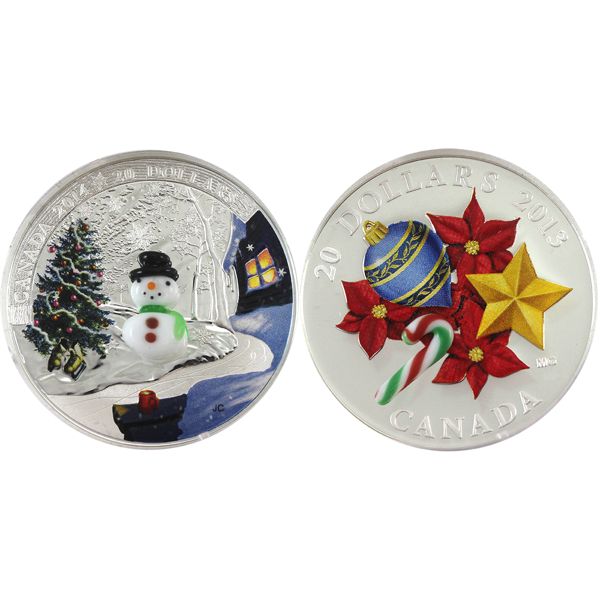 2013 $20 Murano Glass Candy Cane & 2014 $20 Venetian Glass Snowman .9999 Fine Silver Coins. 2pcs.