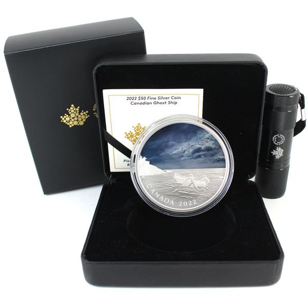 2022 $50 Canadian Ghost Ship Fine Silver Coin With Selective Blacklight Colour. (Tax Exempt)