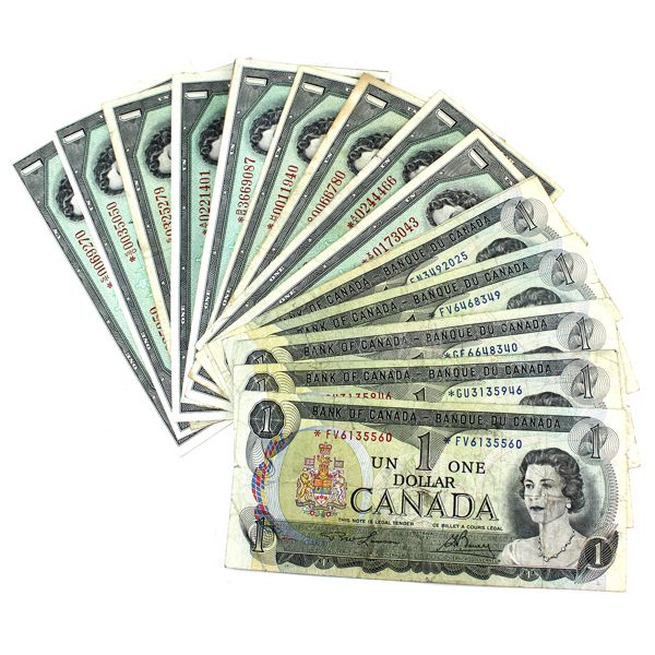 Mixed Lot of $1 1954 Baettie-Rasminsky & 1973 Lawson-Bouey 'Replacement' Bank of Canada Notes. 17pcs