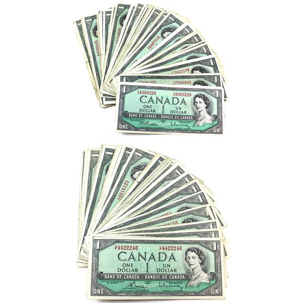 50x 1954 $1 Circ. Beattie-Rasminsky Bank of Canada Notes. See images for variety. 50pcs.