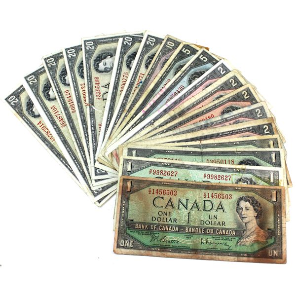 1954 Mixed Denomination Beattie-Rasminsky Assorted Bank of Canada Notes. 23pcs.