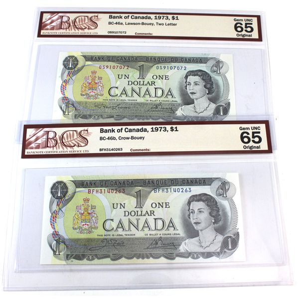 BC-46a & BC-46b 1973 $1 BCS GEM UNC65 Original Bank of Canada Notes. 2pcs.