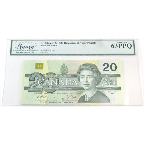 BC-58aA-i 1991 $20 Replacement Legacy CUNC63 PPQ w/ Serifs SN: EIX2470021