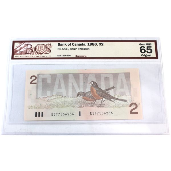 BC-55c-i 1986 $2 BCS GEM UNC65 Original Bonin-Thiessen SN: EGT7556256