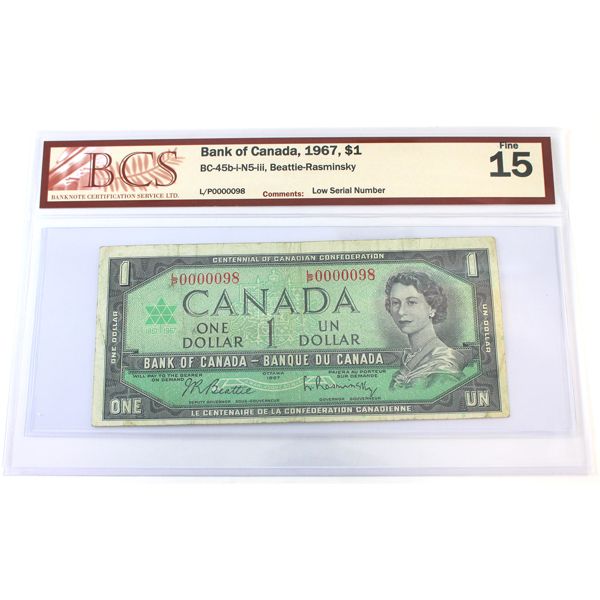 BC-45b-i-N5-iii 1967 $1 Low Serial # L/P0000098 BCS F15 Beattie-Rasminsky