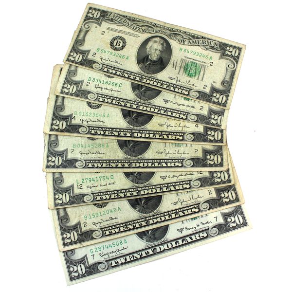 USA 6x 1950 & 1963 $20 Banknotes. 7pcs. Please see images for variety.