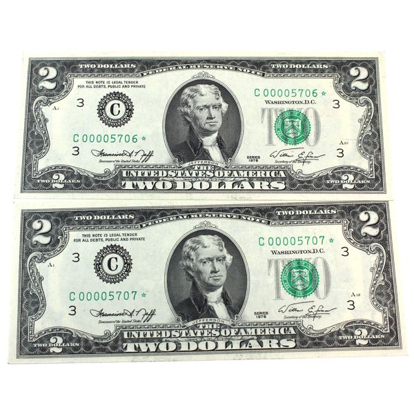 USA Pair of 1976 FR#1935C $2 'Consecutive Star Notes' Neat Serial *C00005706-*C00005707. 2pcs.