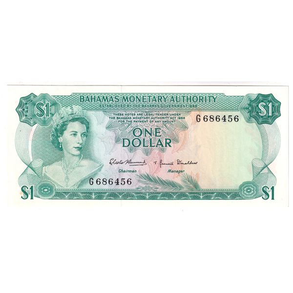 1968 Pick #27a Bahamas $1 AU-UNC (glue residue)