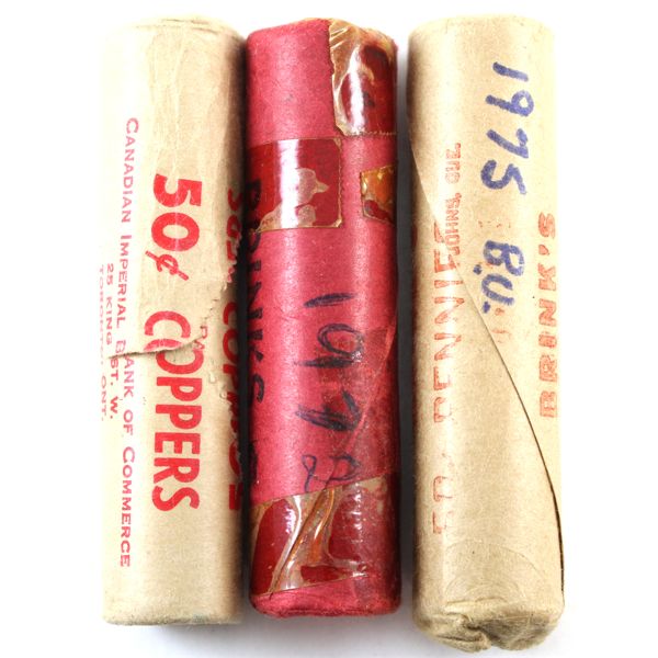 1-cent 1972, 1975 & 1977 Rolls of 50pcs. Some roll ends are loose or taped. Sold as is. 3 Rolls 