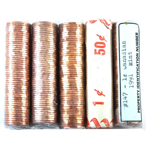1-cent 1983, 1984 & 1988, 1989 & 1991 Rolls of 50pcs. Sold as is. 5 Rolls 