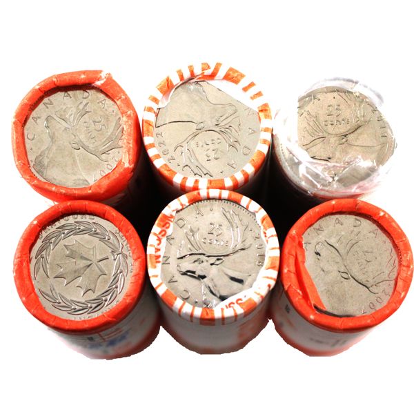 25-cent 2006 Logo Bravery, 2x 2007 Caribou, 2011, 2018 Caribou & 2022 Rolls of 40pcs. 6 Rolls