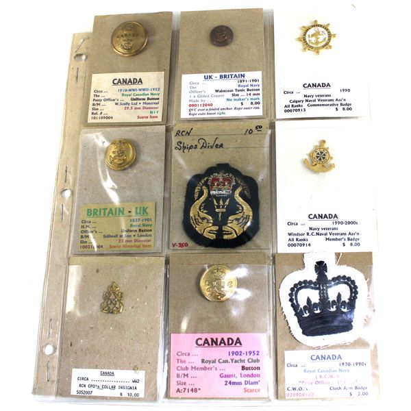 22x Canada & Great Britain Assorted Naval Badges, Buttons, and Insignia. 22pcs.