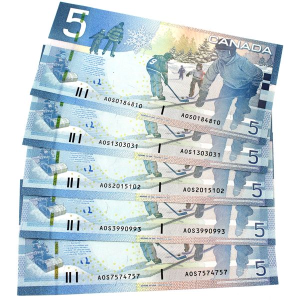 RADAR BC-67a 2006 $5 Jenkins-Dodge Matching Prefix 'AOS' Notes. 5pcs. 