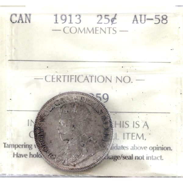 25-cent 1913 ICCS AU58