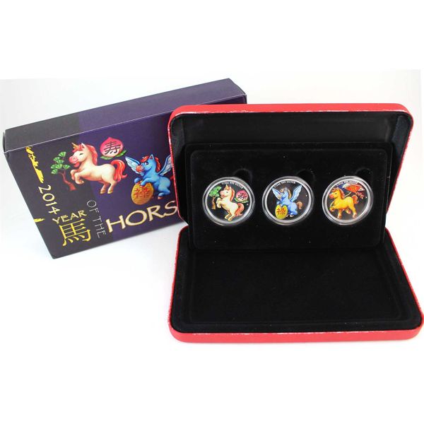 Tuvalu Silver 2014 50-cent Year of the Horse 3-coin Coloured Fine Silver Set. Mintage of only 1500!