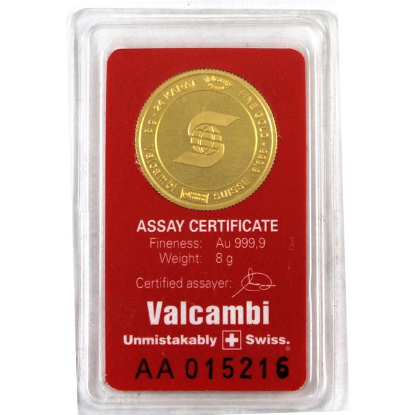 8g Valcambi Suisse ScotiaMocatta  .9999 Fine Gold Round in Sealed Plastic Certificate (Tax Exempt)