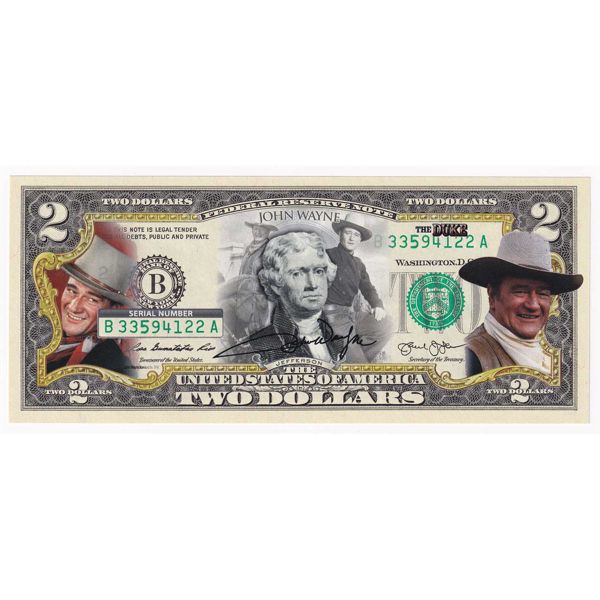Novelty Colourized $2 USA Banknote with 'The Duke John Wayne' Print in Wallet with COA