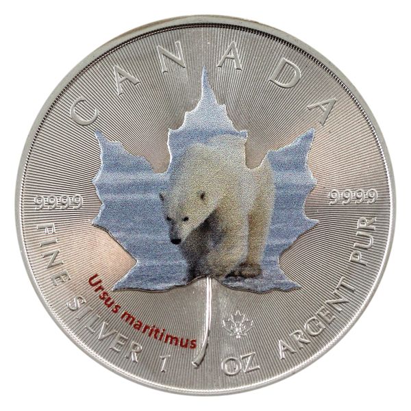 2014 $5 SML w/ Coloured Polar Bear 'Ursus maritimus'. 1oz .9999 Silver (Tax Exempt)